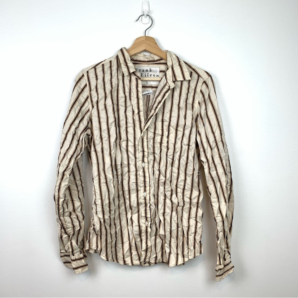Frank & Eileen Blouse Barry Shirt Button Up Sz Large Crinkle Striped Brown White